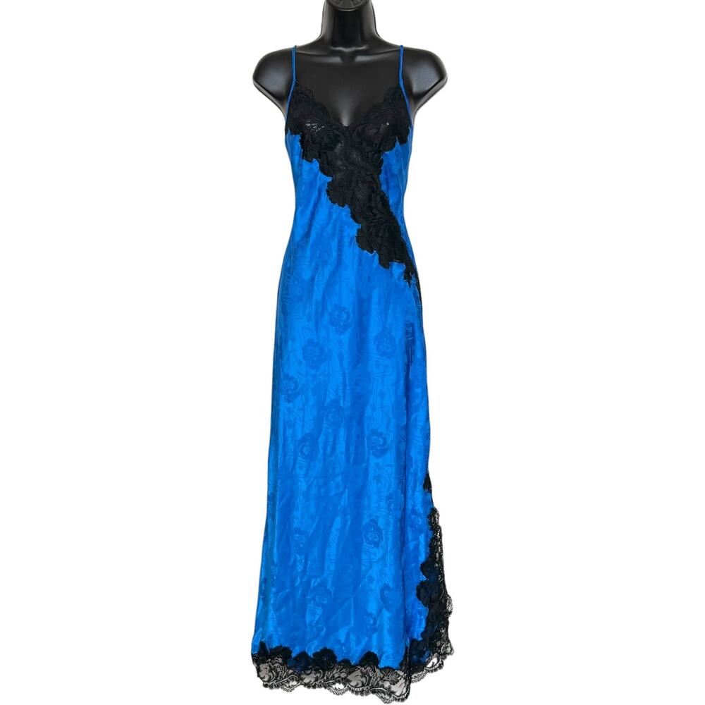 Vtg 1970s Eve Stillman Couture Nightgown Blue Satin Lace Slip Dress Maxi Gown M